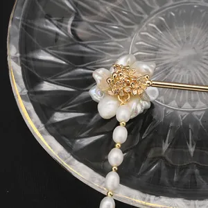 Traditional natural Baroque pearl flower hairpin with long tassel in 18K gold plated finish