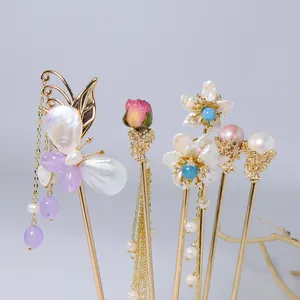 Handmade Chinese style hairpins with pearls and butterfly motifs for Hanfu