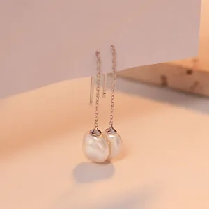 Orecchini a Filo in Argento Sterling S925 Semplice Francese Perle d'Acqua Dolce Orecchini Pendenti Lunghi per Donna Gioielli