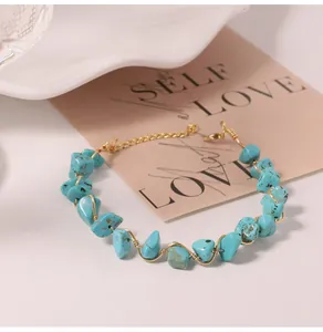 Close-up detail of handmade wire-wrapped turquoise stone fragment bracelet for women