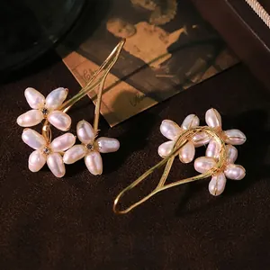 Exquisite handmade baroque natural freshwater pearl flower earrings with gold finish