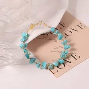 Handmade Turquoise Wire Wrap Bracelet For Women 18K Gold Plated Natural Raw Stone Irregular Beaded Bracelet Niche Jewelry