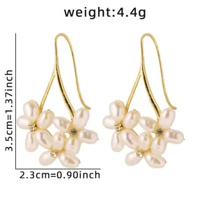 Elegant baroque freshwater pearl flower earrings with gold hooks, 3.5cm length, 4.4g