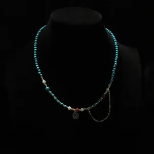 Ethno-Stil Natürliche Süßwasserperle Türkis Schmuckset Chinesisches Glück Fu Plakette Halskette Armband Für Damen Retro Accessoire