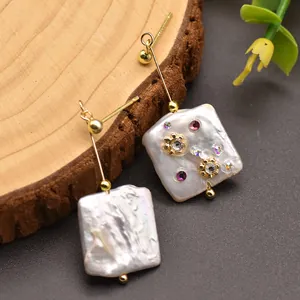 Exquisite baroque square pearl earrings with colorful crystal accents and 925 silver posts