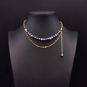 Natural Freshwater Pearl Double Layer Necklace 18K Gold Plated Copper Heart Link Long Sweater Chain For Women Jewelry