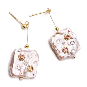 Elegant baroque pearl drop earrings with rhinestones and 925 silver posts for women.