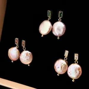 Handmade baroque pearl drop earrings with colorful zircon studs and gold plating