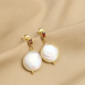 Baroque natural pearl drop earrings with red zircon and gold-plated silver needles
