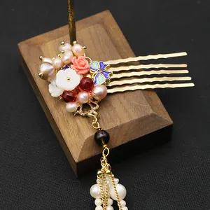 Vintage Chinese Style Cloisonne Butterfly Hair Comb Natural Freshwater Pearl Tassel Hairpin Bridal Jewelry For Women