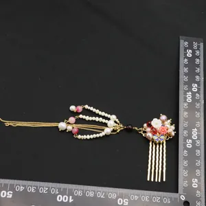 Elegant Hanfu style hair comb with natural pearls, cloisonné butterfly and gold tassels