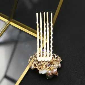 Traditional style five-tooth hair comb with natural pearls and cloisonné enamel detail