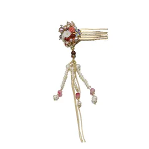 Traditional Chinese style hair comb with natural pearls, cloisonne flowers and tassels