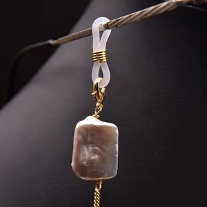 Handmade square baroque pearl eyeglass chain with gold accents and silicone loops