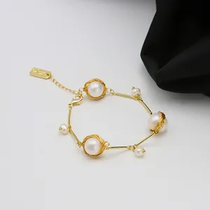 Exquisite handmade 18k gold wrapped wire bracelet with natural freshwater pearls