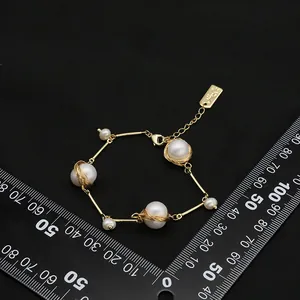 Vintage handmade 18k gold wire-wrapped natural freshwater pearl bracelet for women