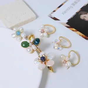 Handmade Wire Wrapped Freshwater Pearl Flower Ring Aquamarine Crystal Adjustable Open Ring Jewelry For Women Elegant Gift