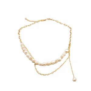 Elegant multilayer baroque freshwater pearl necklace with vintage gold heart chain