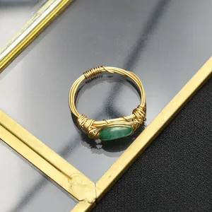 Vintage Handmade Wire Wrapped Jade Ring For Women Gold Plated Woven Green Stone Minimalist Niche Jewelry High End Finger Ring
