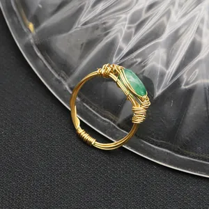 Handmade wire-wrapped gold-plated ring featuring a polished green jade stone centerpiece.