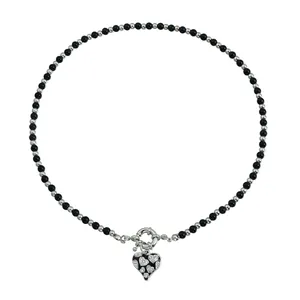 Stylish black and silver beaded choker necklace with crystal inlaid heart pendant