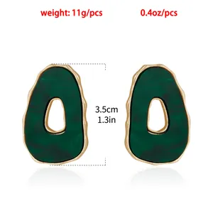 Irregular green resin earrings with gold frame, 3.5cm length, 11g weight