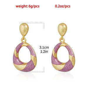 Detail view of purple marbled enamel drop earrings with weight and size info