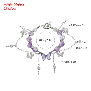 Dimensions détaillées du bracelet à perles papillon violet avec glands