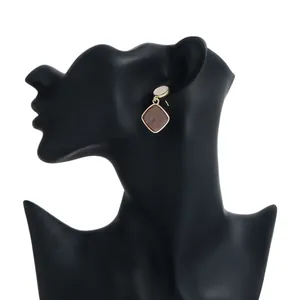 Close-up detail of stylish mauve geometric drop earrings on black mannequin display.