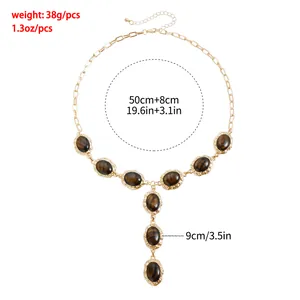 Collana vintage a forma di Y dorata con pietre occhio di tigre e misure di grandezza