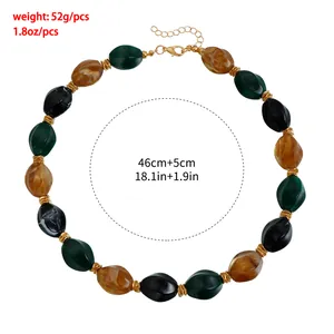 Detailed view of chunky acrylic bead necklace with weight and length dimensions