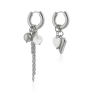 Elegant silver asymmetric heart and chain tassel drop earrings for women fashion