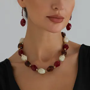 Retro Acrylic Color Block Beaded Necklace Set For Women Vintage Geometric Statement Pendant Necklace And Dangle Earrings