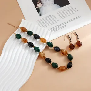 Detail view of retro acrylic color-block beaded necklace and matching earrings