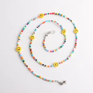 Colorful seed bead eyeglass chain with yellow acrylic smiley face charms lanyard