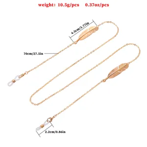 Guide détaillé des tailles pour chaîne de lunettes en métal doré avec motif plume