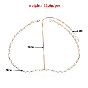 Detailed view of minimalist handmade pearl headpiece showing exact size measurements and weight