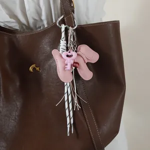 Ins Style PU Leather Dog Keychain For Women Woven Ribbon Bag Charm Heart Key Pendant Fashion Key Ring Accessories Jewelry