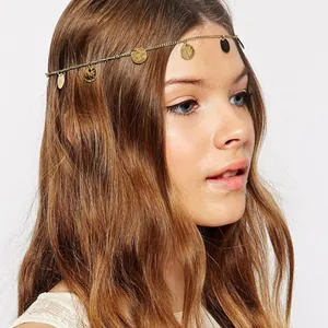 Western Style Metal Tassel Chain Sequin Headband For Women Boho Alloy Round Disc Dangle Hair Accessories Gold Silver Plated Headpiece