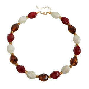 Vintage acrylic colorful beaded necklace with red white and brown tortoiseshell beads