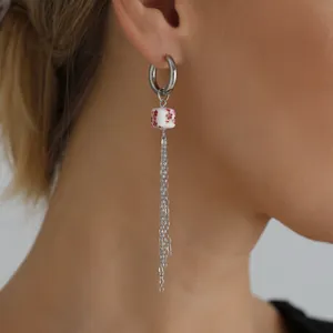 Bohemian Asymmetric Ceramic Tassel Hoop Earrings For Women Stainless Steel Post Floral Print Square Pendant Jewelry Gift
