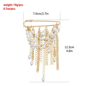 Detailed dimensions of a vintage pearl multi-chain brooch with wheat ear pendant charms