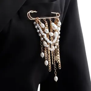 Vintage Alloy Artificial Pearl Wheat Safety Pin Brooch Multi-layer Tassel Chain Gold Fashion Jewelry Accessory for Women