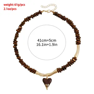 Vintage brown beaded necklace with gold lava heart pendant and exact size details