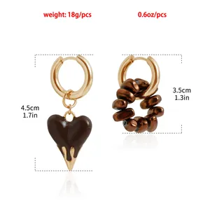 Size and weight details for brown beaded lava heart hoop earrings in Maillard style.