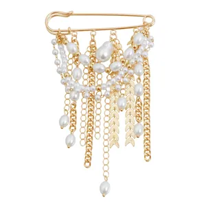Vintage gold safety pin brooch with hanging pearls and multi-layer tassel chains
