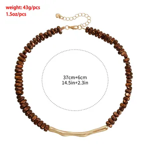 Close-up detail of brown beaded lava necklace with 37cm+6cm length and 43g weight specs