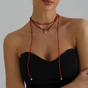 Y2K Red Glass Bead Heart Pendant Necklace Women Long Wrap Gold Alloy Artificial Pearl Street Trendy Boho Jewelry Accessory