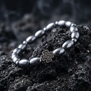 Nahaufnahme eines Herrenarmbands mit Perlen in Kaffeebohnenform und einem Vintage-Kreuz
