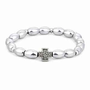 Minimalistisches silbernes Kaffeebohnen-Perlenarmband mit Kreuzanhänger für Herren Mode.
